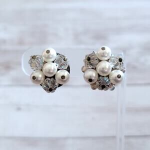 Vintage Clip On Earrings Cluster Style with Clear & Faux Pearl Beads